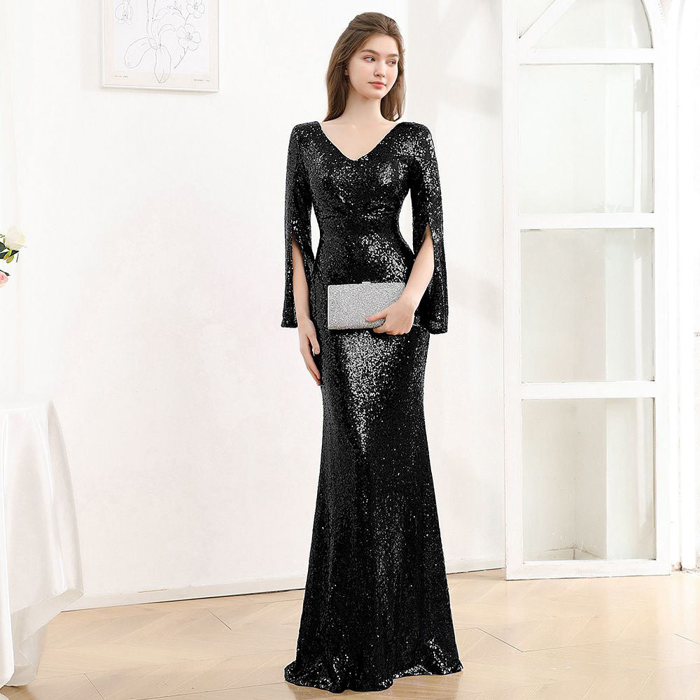 2025 Evening dress female long-sleeved celebrity banquet temperament luxury atmosphere host sequined fishtail long dress