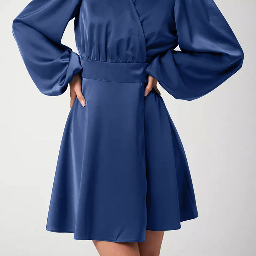2025 Spring satin V-neck lantern sleeve high waist lace-up dress popularwildberries hot sale new short skirt women