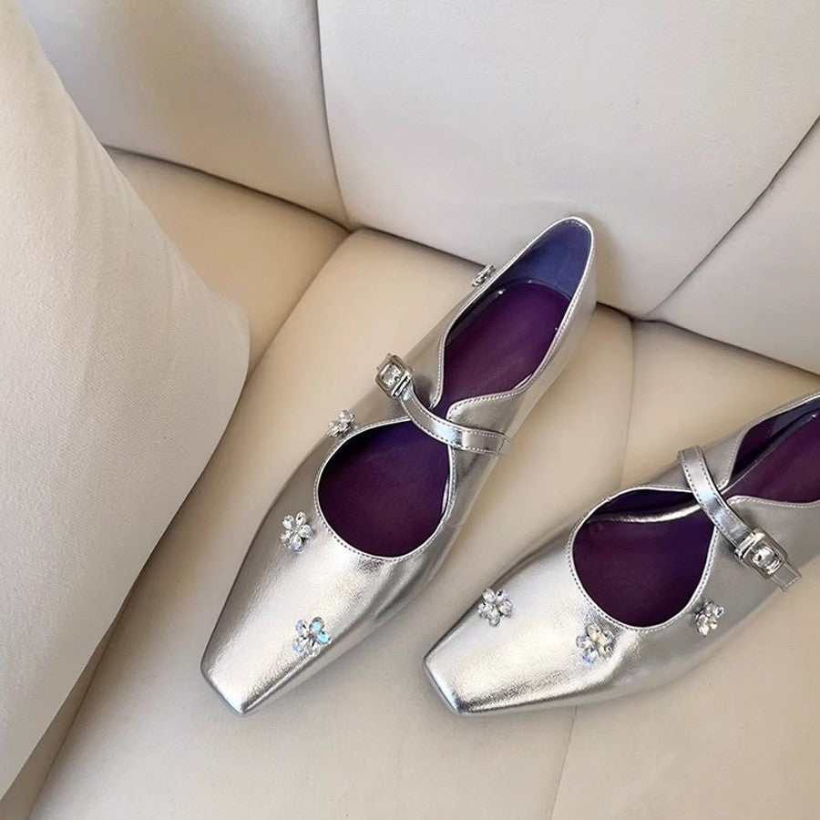 2025 Spot sheepskin version~ rhinestone flower inner height increase single shoes with temperament square head silver Mary Jane shoes