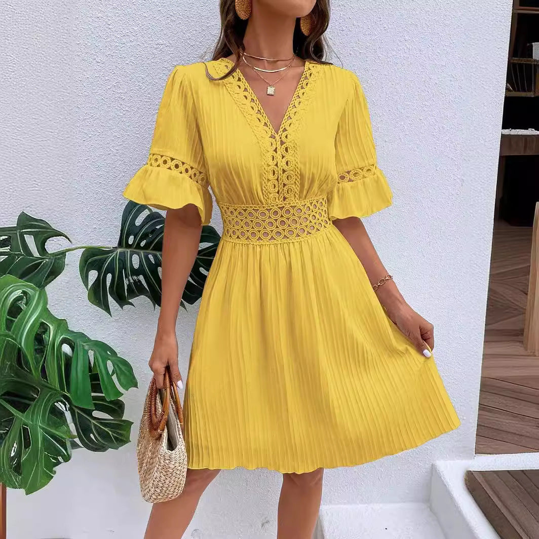 2025 Popular, , New women's clothing summer new splicing lace fashion V-neck waist solid color dress