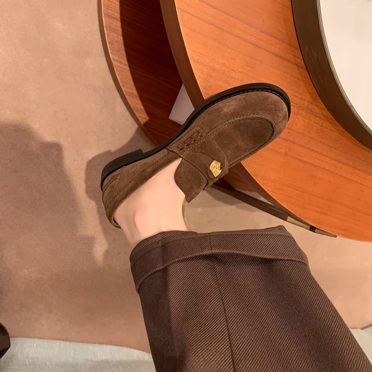 2025 Cowhide version~ Xingshengda shoes make old horse leather retro polished small gold coins thick heel loafers women's small leather shoes