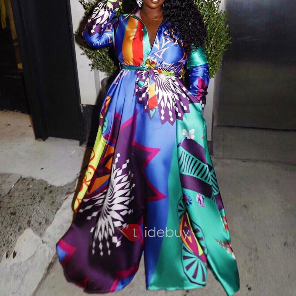 2025 winter, large size Popularan, 2025n and Popular trade digital printing contrasting color dress, large pendulum long dress including belt