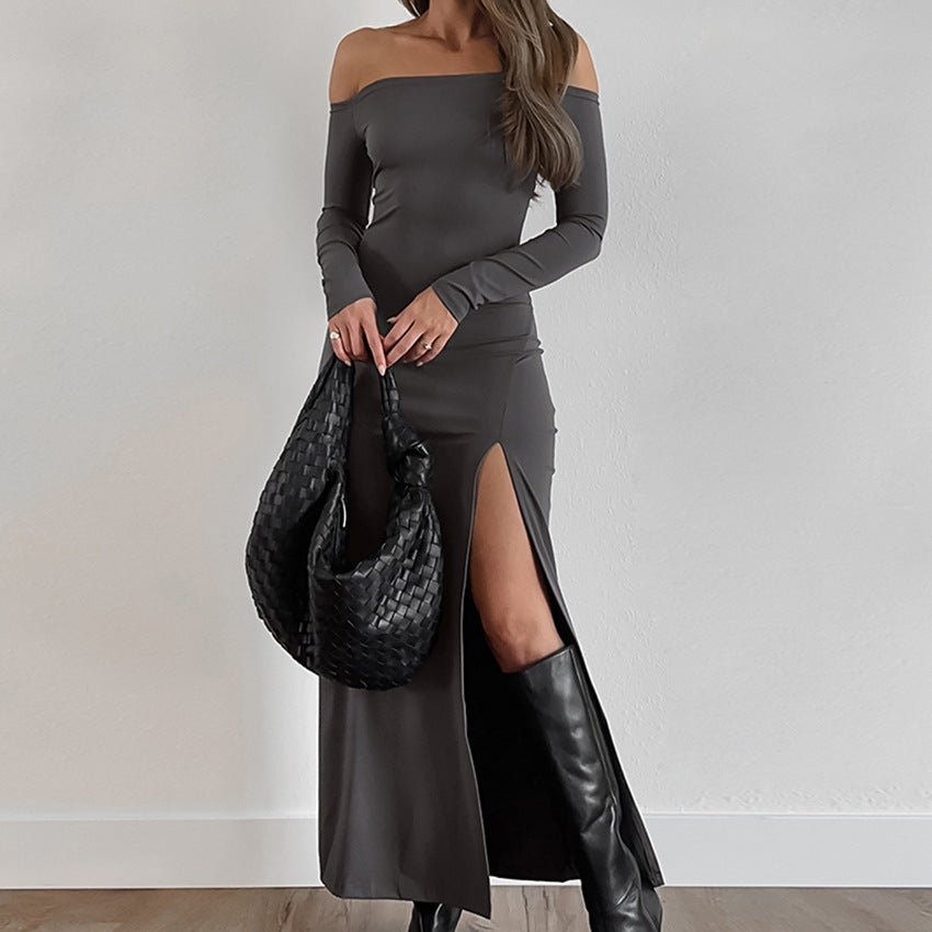2025 Gray pure cotton sexy one-word neck split dress new autumn fashion Popular trade women's dress