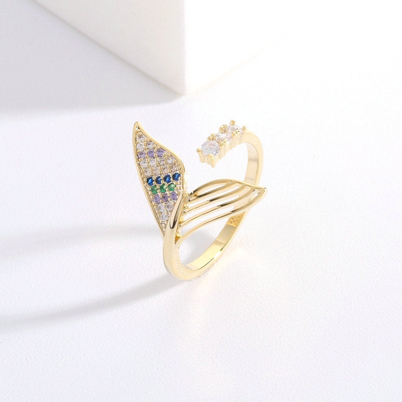 2025 Niche creative design fashionable personalized ring, slightly inlaid zircon opening adjustable index finger ring, mermaid tail ring