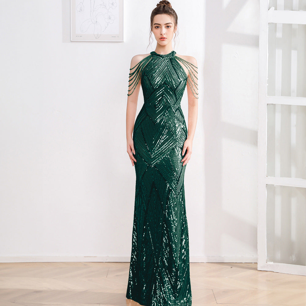 2025 High-end evening dress dress female fishtail champagne high-end texture celebrity fairy banquet temperament light luxury niche host