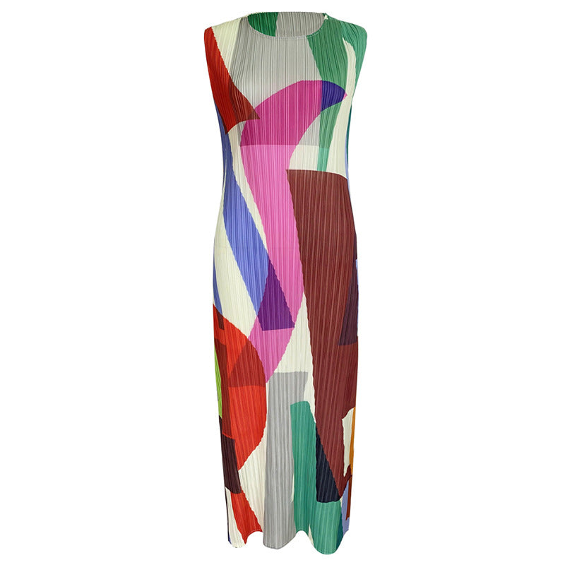 2025 summer new geometric printing and dyeing sleeveless slim dress women's long simple versatile and thin a-shaped skirt