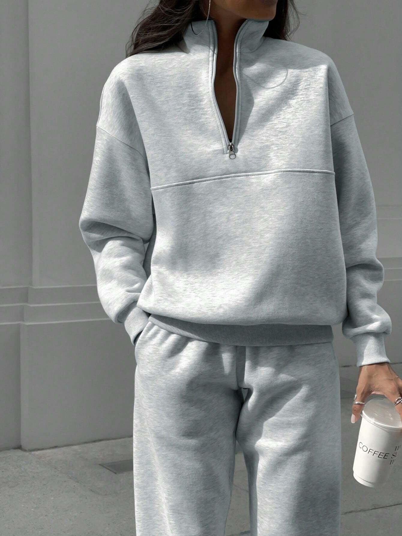 2025 Popular, , New autumn and winter new fashion zipper lapel solid color casual two-piece set