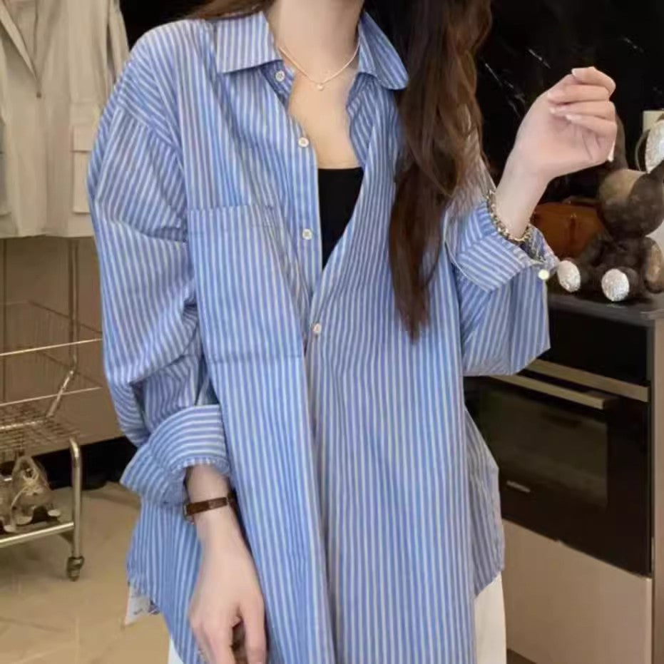 Blue striped long-sleeved shirt jacket women's new popular spring and summer Korean lazy loose top in 2025