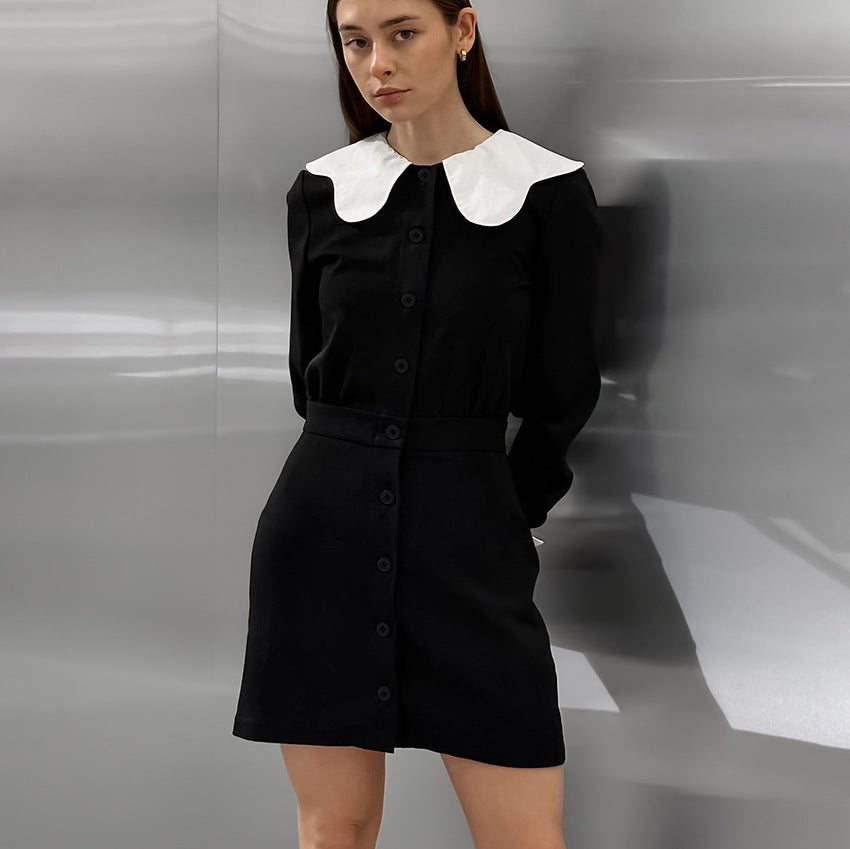 2025 popular spring fashion black loose lapel bubble sleeves contrasting color patchwork dress New simple short skirt women