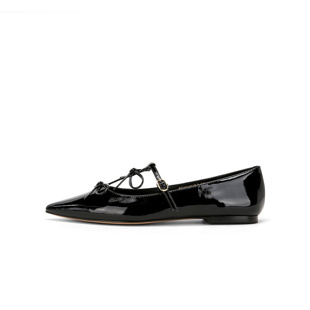 2025 Cowhide version~ Su Yinyin has the same niche pointed T-shaped double bow retro single shoes women's Mary Jane shoes