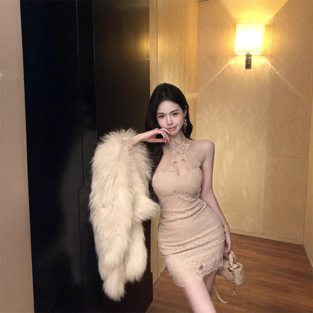 2025 Nightclub women's clothing summer new Spice Girl neck sleeveless vest slim and thin hip-wrapped lace dress short