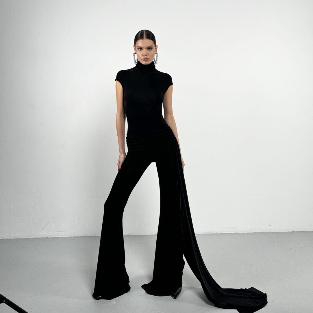 2025 Hot trade Sexy Spice Girls Premium sense pleated streamer design turtleneck jumpsuit high waist slim-fitting micro-pull pants women