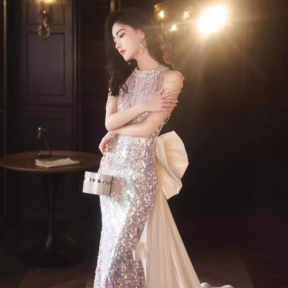 jinran pink dress Banquet Host Evening Dress 2024 New Style Style Birthday Party Socialite Elegant French Light Luxury Fishtail
