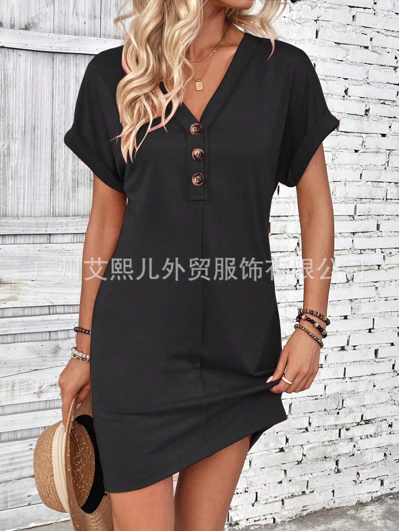 2025 Popular, , New summer women's clothing fashion versatile buckle V-neck shoulder roll sleeve solid color dress