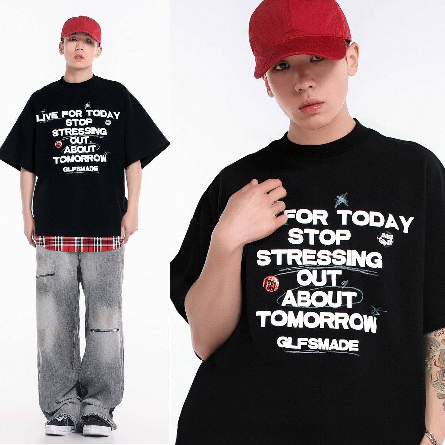 2025 JT961 2025n Street 2025 Summer Foam Print Premium Design Men's Loose Fake Two-piece Short Sleeve T-Shirt