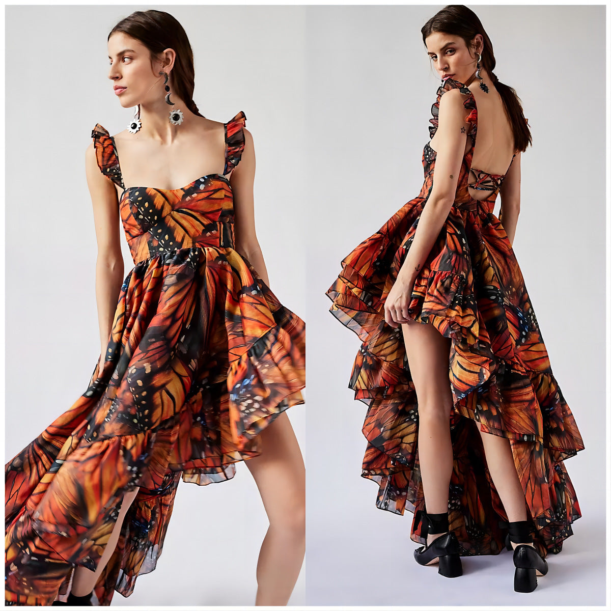 jinran pretty halloween costumes 2024 Summer Hot Sale Sling Midi Dress Digital Butterfly Print Fashion Style Large Swing Skirt Dress