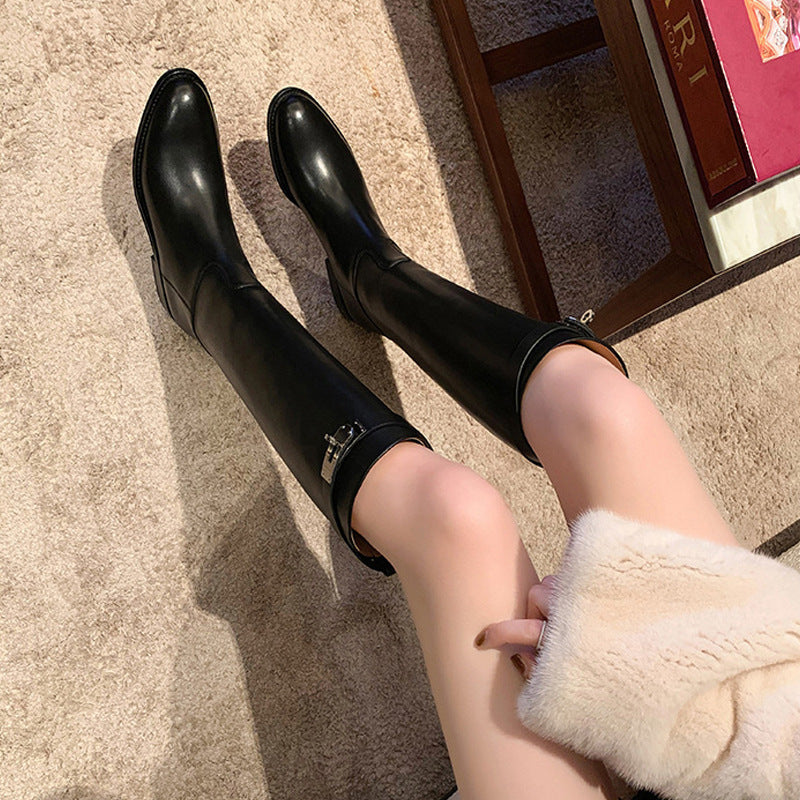 2025 Cowhide version~ Grape mother same 2025 autumn and winter new pointed thick heel knight boots commuting medium and high boots women