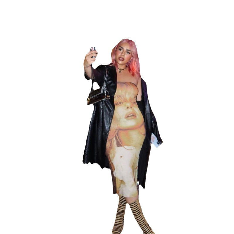 jinran calico hair Dress Summer Women's Double-Sided Portrait Print Hot Girl Tube Top Slim-Fit Sheath Dopamine Wear Dress Two-Way Wear