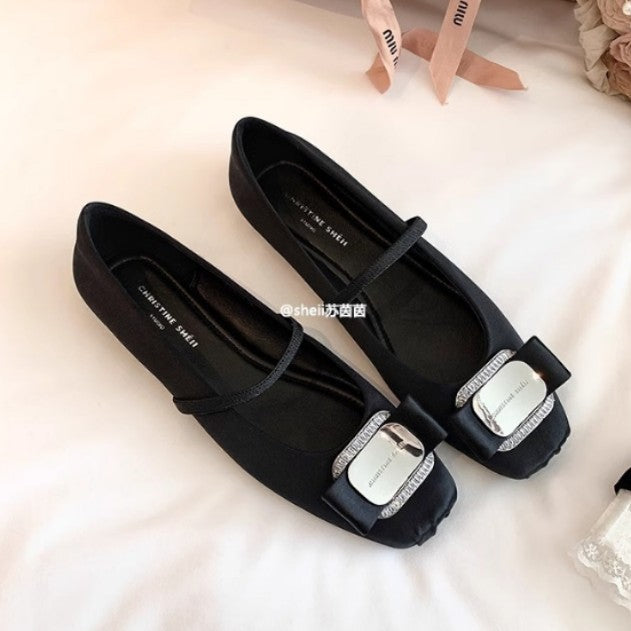 2025 Spot sheepskin version~ New niche pig nose drill buckle silk satin Mary Jane ballet flats women's single shoes