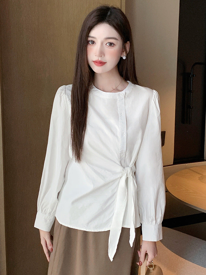2025 White shirt women's spring clothes new Korean version fashion pleated lace-up cotton long-sleeved casual top Popular trade waist