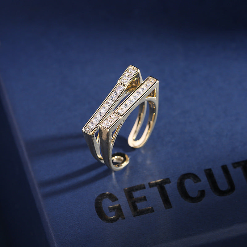 2025 Opening adjustable zircon ring color retention electroplating fashion women's ring creative design sense parallel staggered personality index finger ring