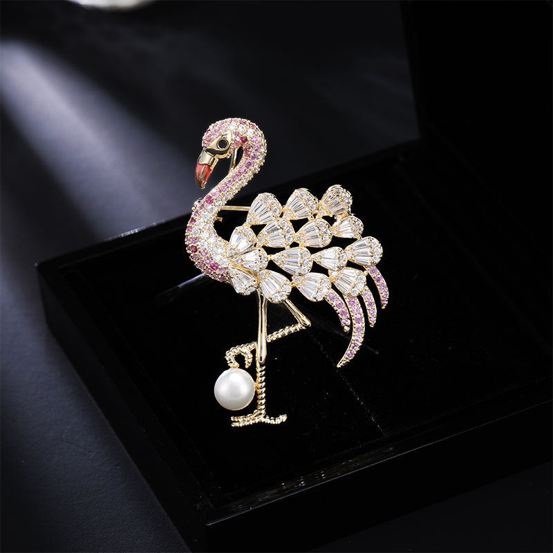 2025 Premium natural freshwater pearl flamingo brooch exquisite zircon fashion elegant brooch suit coat accessories