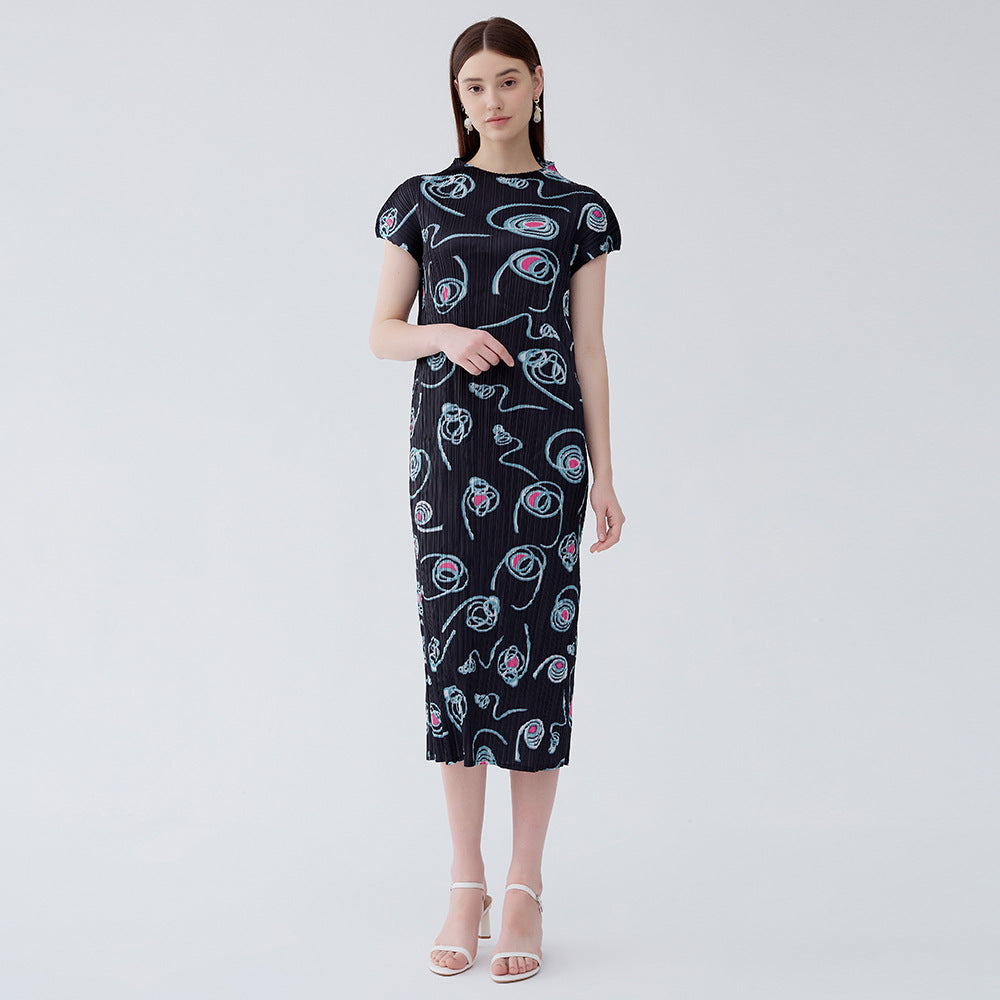 2025 summer new Miyake circle printing temperament high-waisted dress slim-fitting pleated semi-turtleneck A-shaped skirt