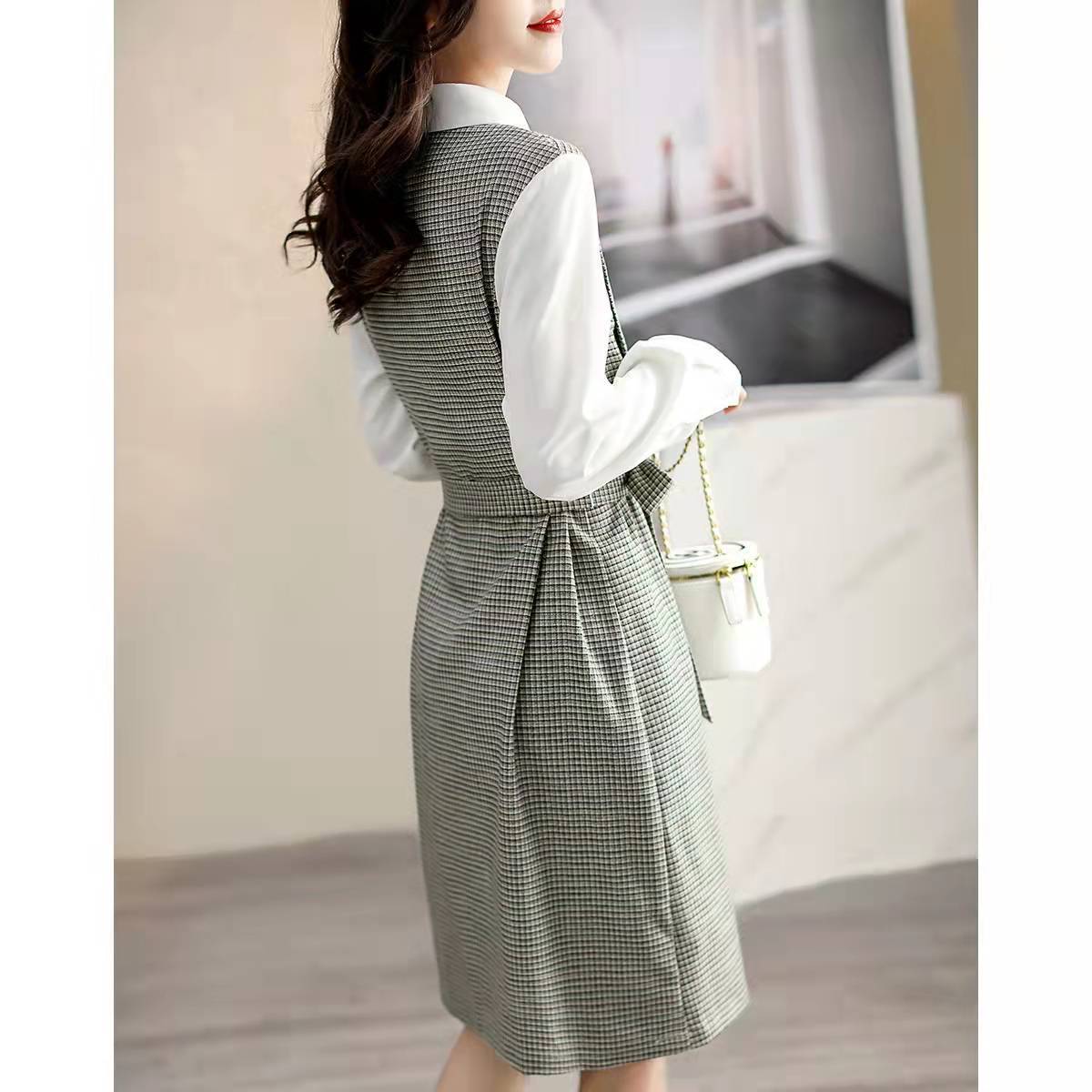 jinran business casual outfits for women Autumn New Commuter Elegant Socialite Age-Reducing Stitching Fake Two Pieces Dress Women