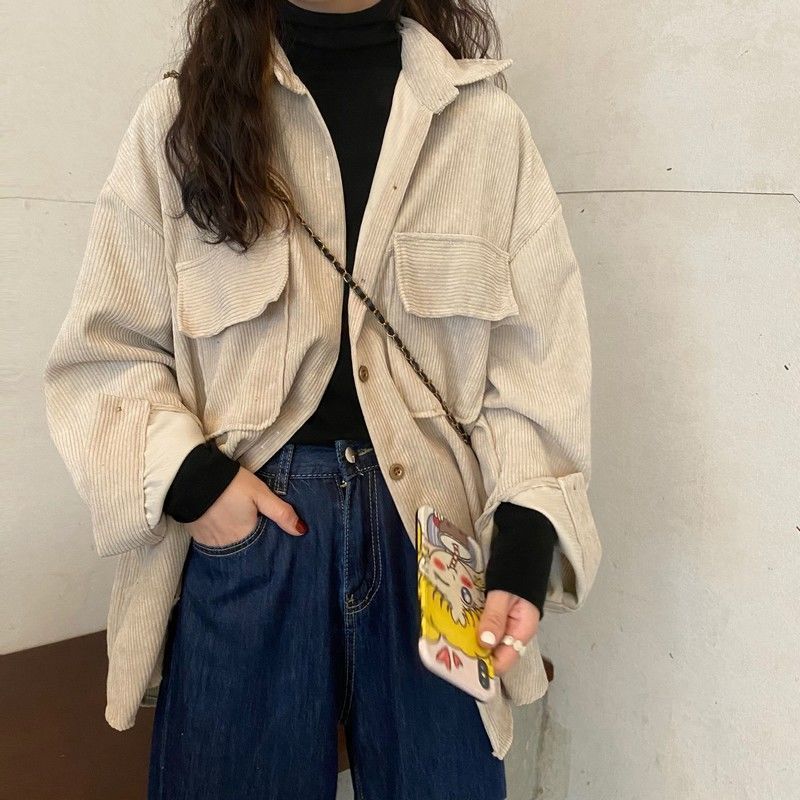 jinran fall outfits aesthetic Corduroy Coat Women's Autumn and Winter All-Matching Jacket New Retro Hong Kong Style Mid-Length Shirt Fashionable Top