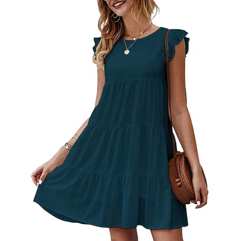 2025 Popular, , summer new solid color round neck short-sleeved dress casual cake skirt pleated pendulum skirt