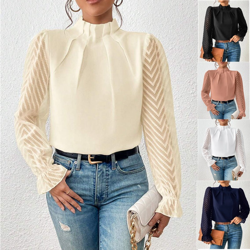 2025 popular Popular, , New women's clothing autumn and winter new semi-turtleneck splicing wavy chiffon long-sleeved top