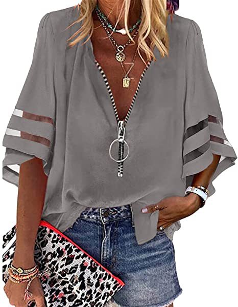 2025 Popular, , 's new V-neck zipper shirt, half-flared sleeve grid splicing, loose casual shirt women