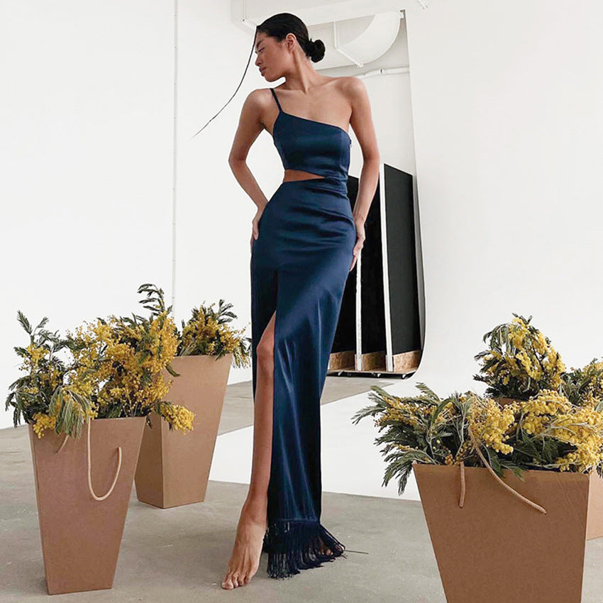 2025 summer new design dress asymmetrical niche tassel mopping floor long dress women