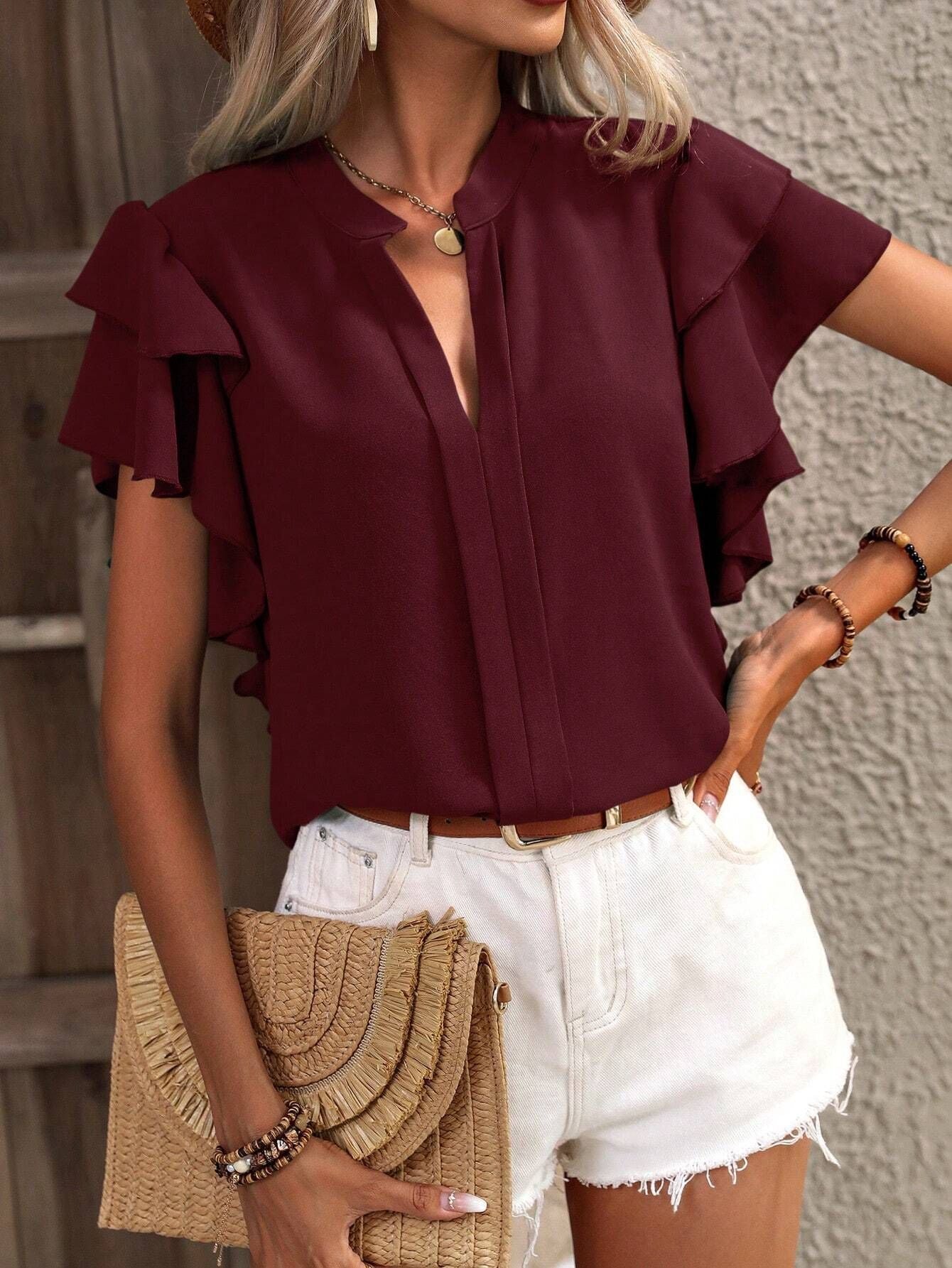 2025 Popular, , New women's clothing summer new V-neck casual double-layer lotus leaf sleeves solid color shirt and top