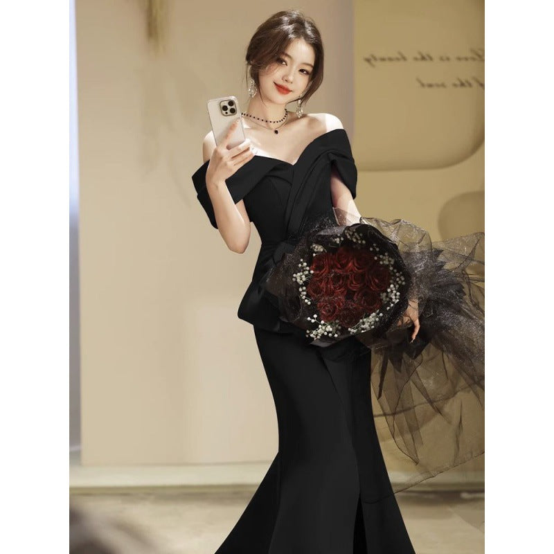 jinran Fishtail dress black evening dress light luxury 2024 new niche tail style banquet annual meeting host slim