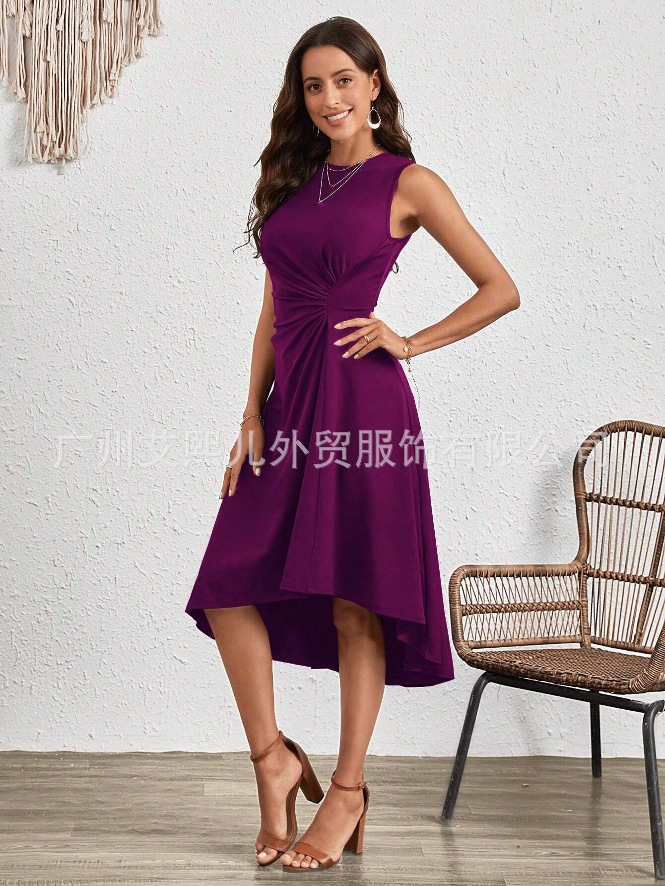2025 summer, Popular, , New women's clothing summer new fashion sleeveless solid color A word crumpled dress