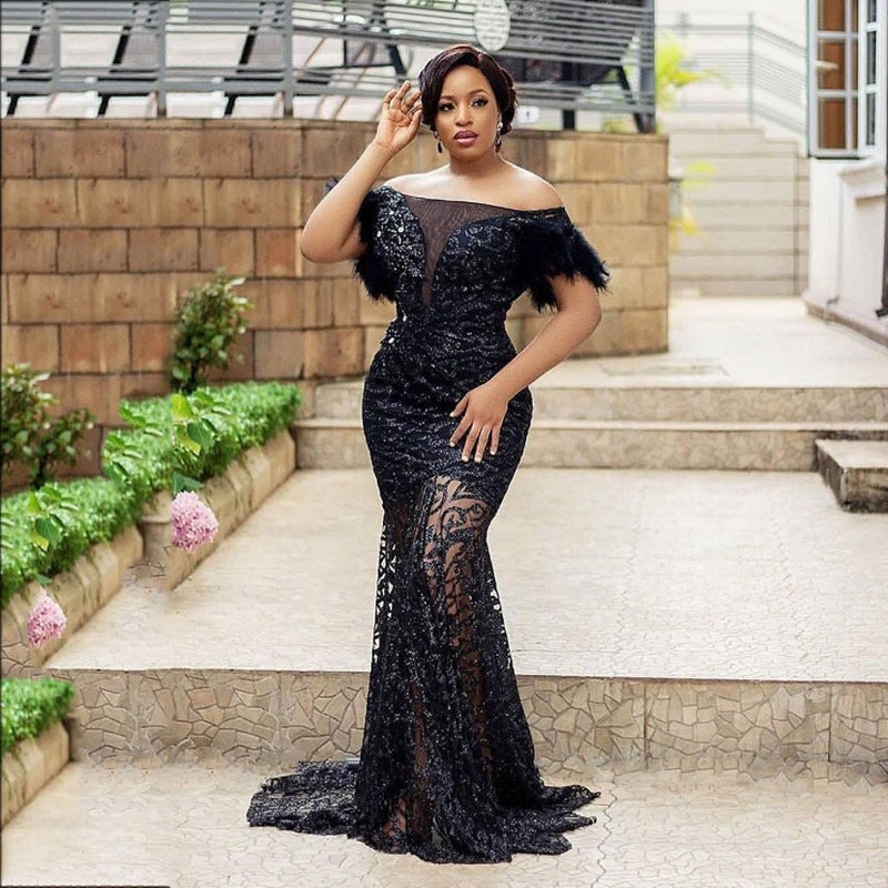 2025 new New 2025 women's clothing dress one-word shoulder sequins slim-fitting buttocks mermaid evening dress