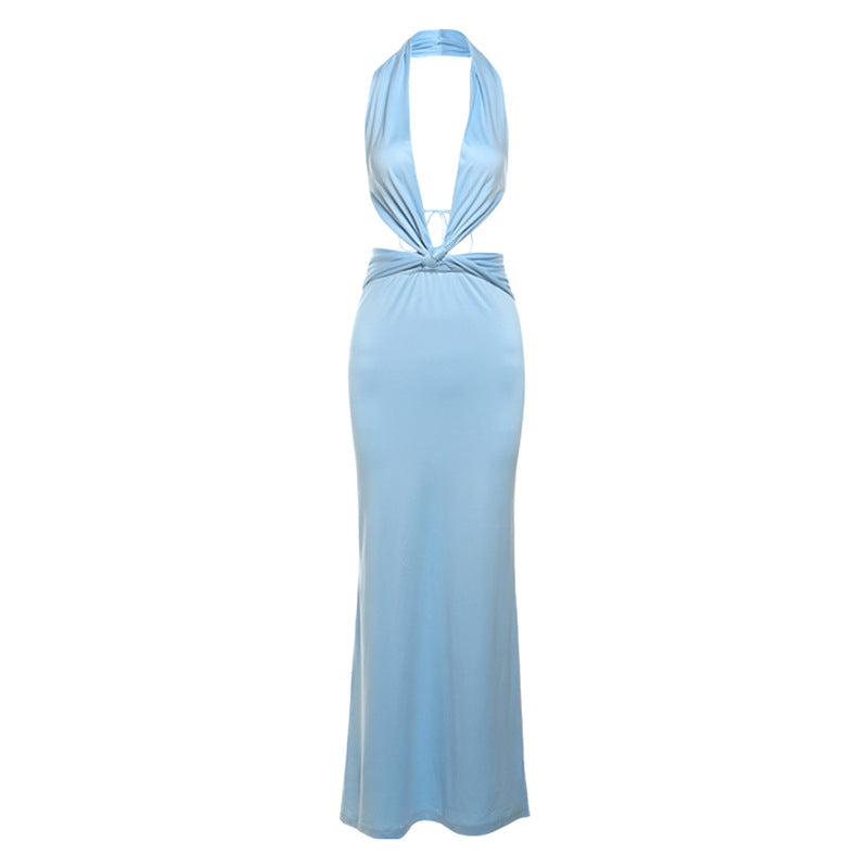 jinran cybergoth dress to impress 2024 Summer Women's New Fashion Solid Color Fresh Street Deep V Backless Lace-up Halter Dress