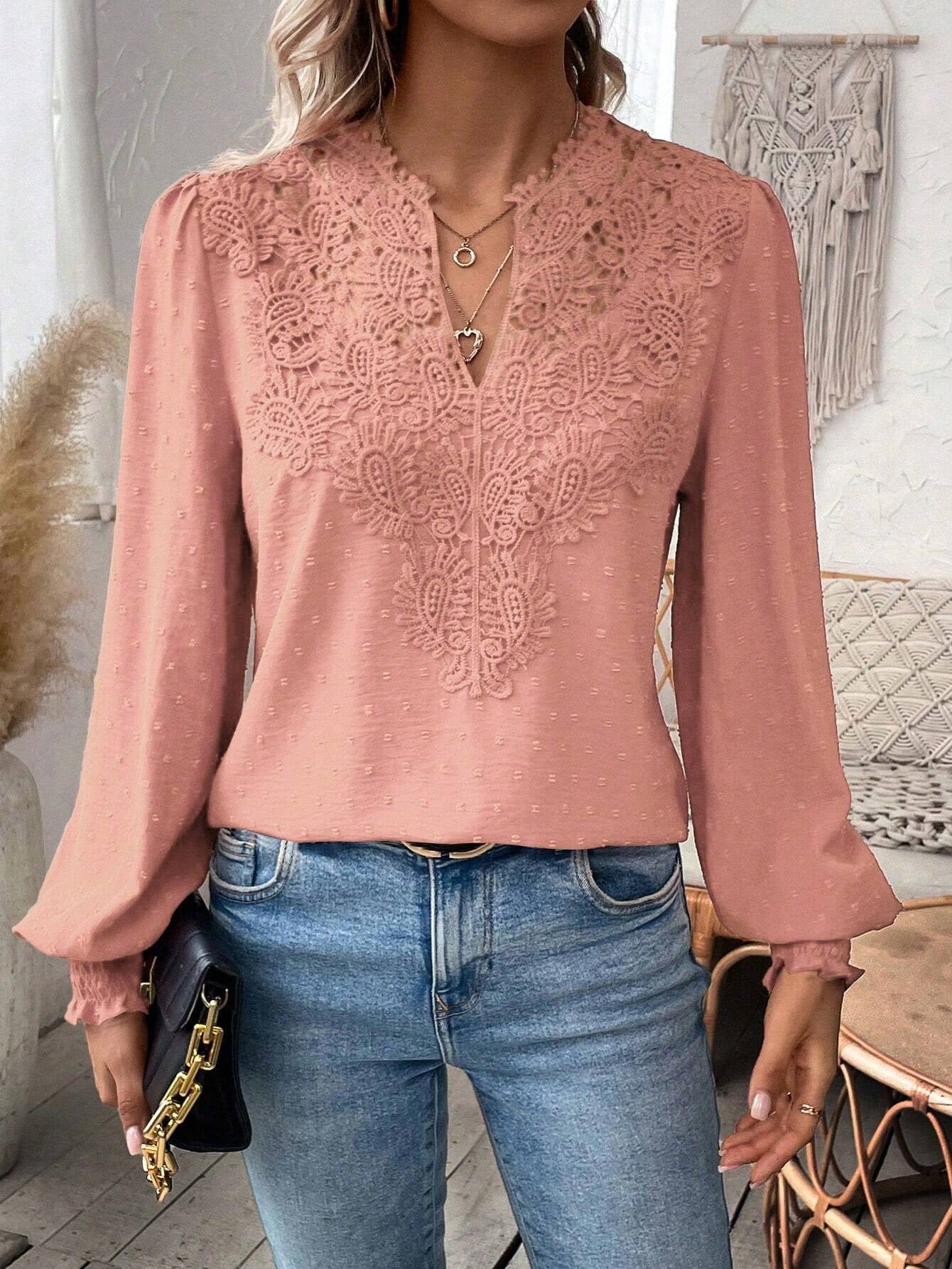 2025 Popular, , New autumn and winter new fashion V-neck lace solid color long-sleeved casual T women's top