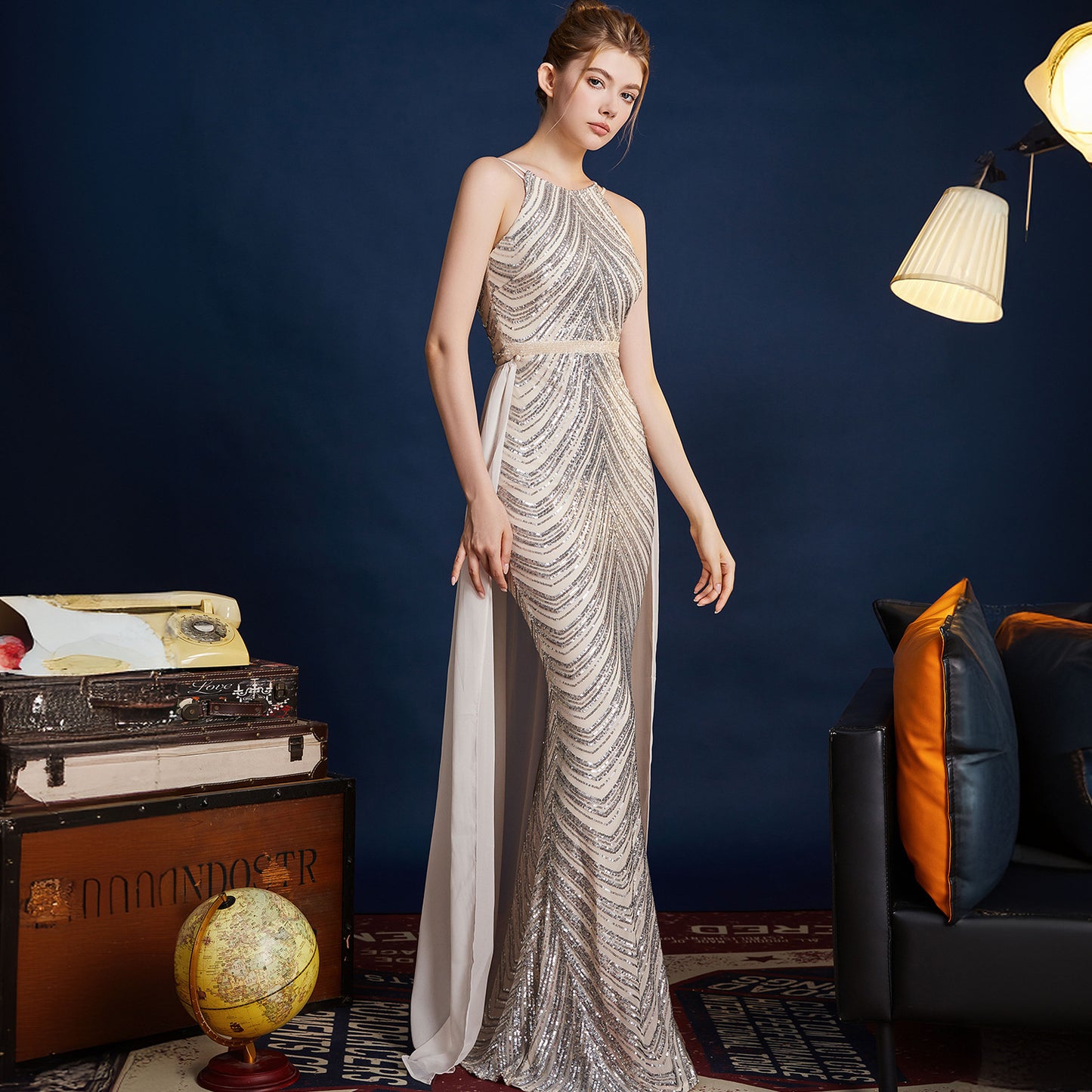 2025 Evening dress dress female high-end high-end celebrity banquet wear slim and thin sequined fishtail sleeveless long dress