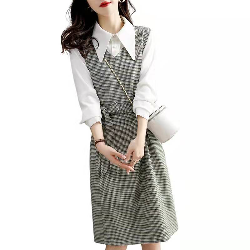 jinran business casual outfits for women Autumn New Commuter Elegant Socialite Age-Reducing Stitching Fake Two Pieces Dress Women
