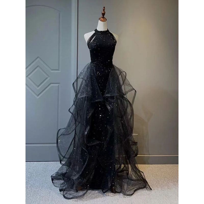 jinran witch dress to impress Black Evening Dress for Women 2024 New Light Luxury Niche High-End High-End Sense Trailing Birthday Party Host Adult Ceremony