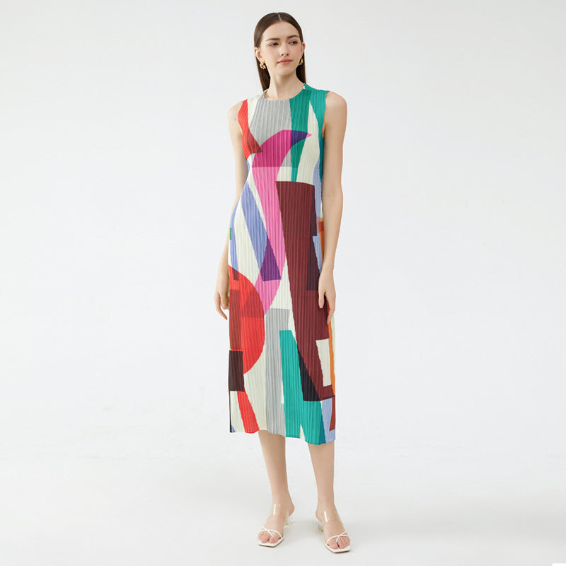 2025 summer new geometric printing and dyeing sleeveless slim dress women's long simple versatile and thin a-shaped skirt