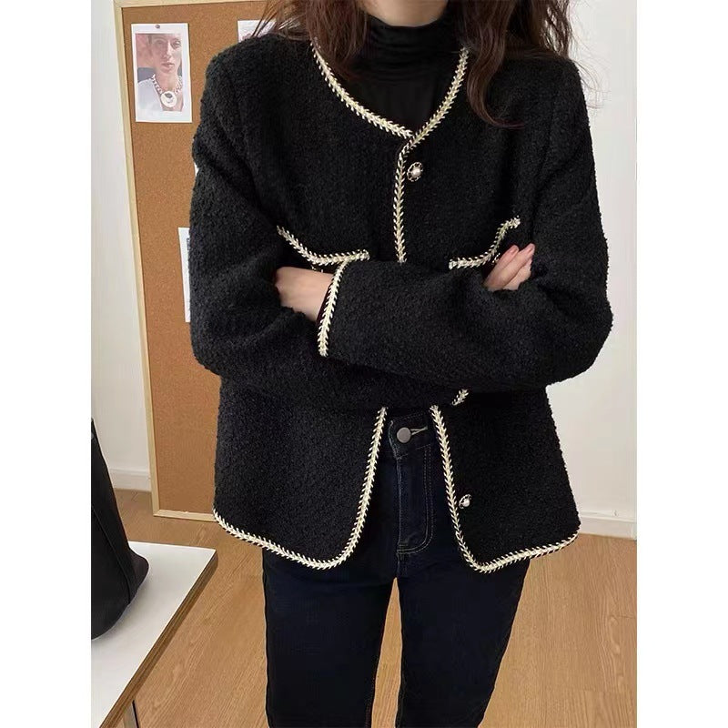 Large size black fragrant jacket for women 2025 spring, autumn and winter new high-end sense and thin temperament front shoulder top for women