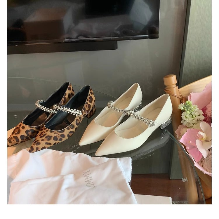 2025 Sheepskin version~ Grape mother, the same elegant small pointed sparkling diamond with versatile leopard print light mouth Mary Jane single shoes women