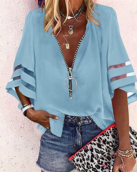 2025 Popular, , 's new V-neck zipper shirt, half-flared sleeve grid splicing, loose casual shirt women