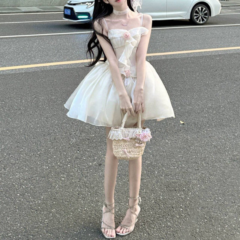 jinran dress Summer New Korean Style White Moonlight First Love Sense Niche Exquisite Waist Slimming Sling Tail Dress Short Skirt for Women