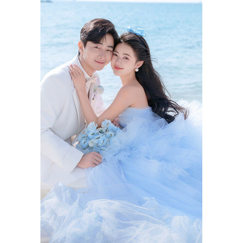 2025 new studio seaside blue Internet celebrity wedding dress princess dream thin super fairy dress studio theme clothing