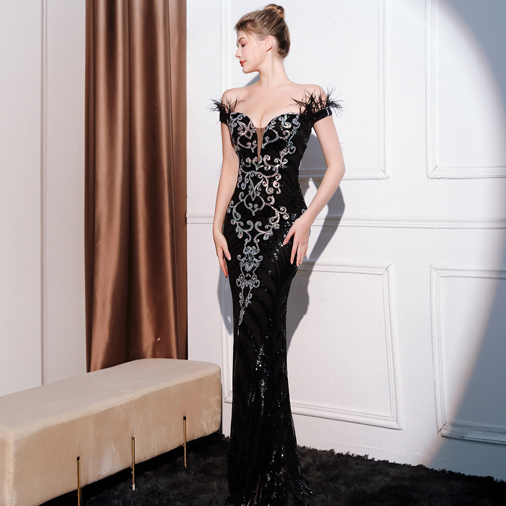 2025 Evening dress dress women's high-end simple temperament banquet senior sense slim and thin one-word shoulder thin long dress
