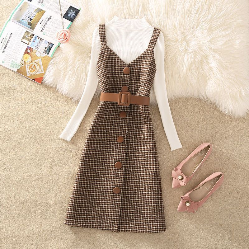 jinran fall trends 2024 outfits Sweater Dress Suit Women's 2024 Autumn and Winter New Retro Woolen Plaid Strap Dress Two-Piece Suit Fashion Women